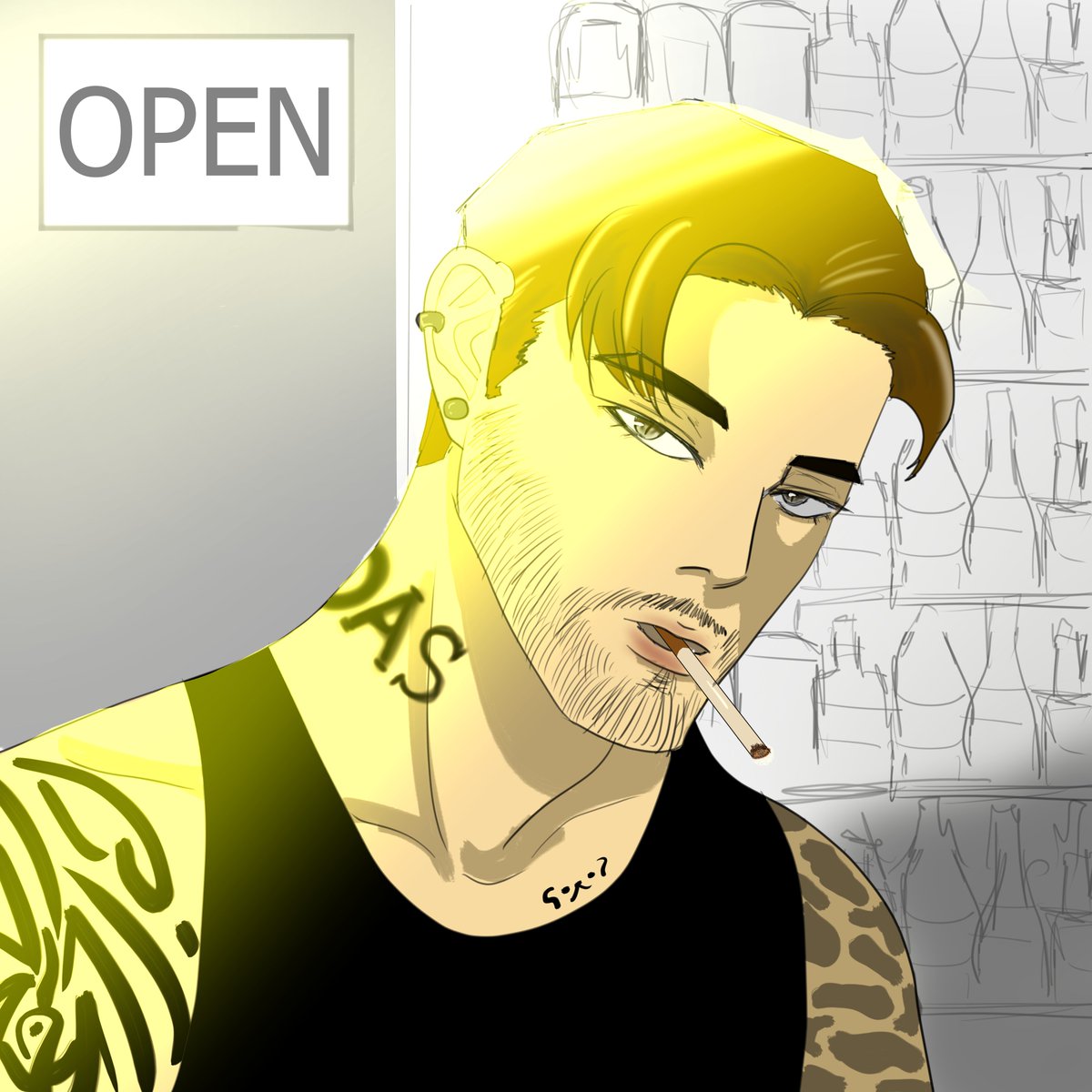 BEHOLD! this is my oc, harald. do you prefer him with beard(?) or not? anw, i make the tattoos myself and my friend said it looks like cow pattern and it's cool. 

#artmoots #moots #ArtistOnTwitter #oc #originalcharacter