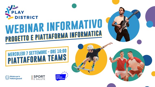 🗓️ Mercoledì 7 settembre alle 16:00 il webinar informativo in riferimento all’Avviso Pubblico “Spazi Civici di Comunità – Play District”.

ℹ️ Tutte le info sportesalute.eu/primo-piano/40…

#SpaziCivici • #PlayDistrict
