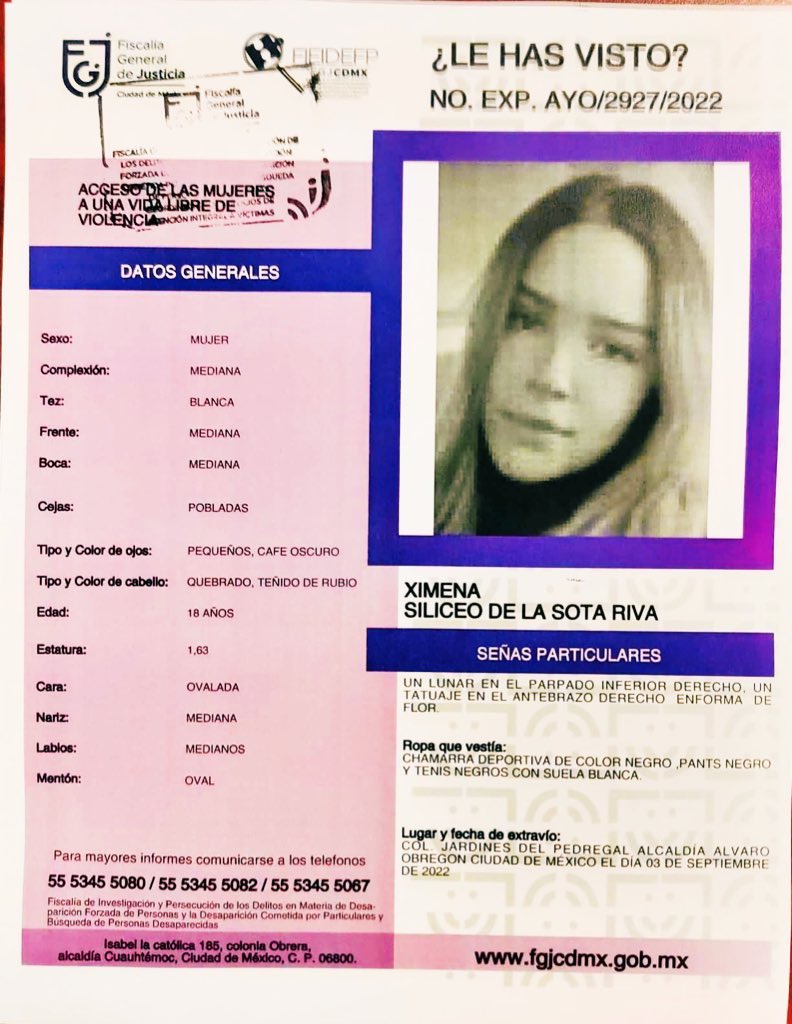 aesquinca's tweet photo. 🚨POR FAVOR RT 🔁🚨
Les solicito su apoyo para difundir y localizar a XIMENA SILICEO DE LA SOTA RIVA, quien desapareció el 3 de septiembre 2022 ⚠️
Muchas gracias. 
#AlertaAmber ‼️#ServicioALaComunidad #Desaparecida https://t.co/t4LPZj9mLS
