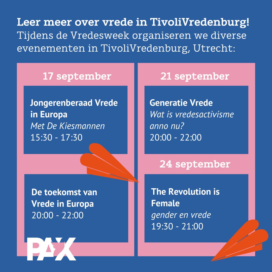 PAXvoorvrede's tweet photo. Hoe moet Europa reageren op de oorlog in Oekraïne? Hoe bouwen we een sterke vredesbeweging? En wat heeft gender te maken met conflict en vrede?

Het antwoord op deze vragen zoeken we tijdens de #Vredesweek2022 programma's in @TiVre_Utrecht. Tickets via: https://t.co/EDucvuK6v5 https://t.co/Eo1qyvJlHT