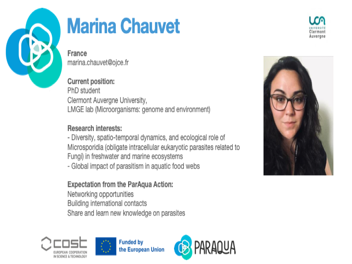 Meet #ParAqua Members : Marina Chauvet, PhD Student interested in the ecological role of Microsporidia and impact of parisitism in food webs #COST #CA20125 #ZoosporicParasites