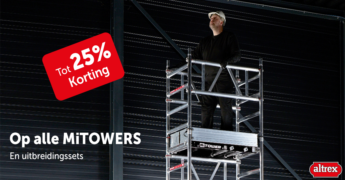 𝟮𝟱% 𝗸𝗼𝗿𝘁𝗶𝗻𝗴 op iedere MiTOWER en uitbreidingsset! ⏳ 

Alleen deze maand nog 25% korting op de MiTOWER, MiTOWER PLUS en uitbreidingssets, zoals de MiTOWER STAIRS en MiTOWER CONNECT. 

➡ Bekijk, bestel en profiteer vandaag nog! 
altrex.com/nl/nl/acties