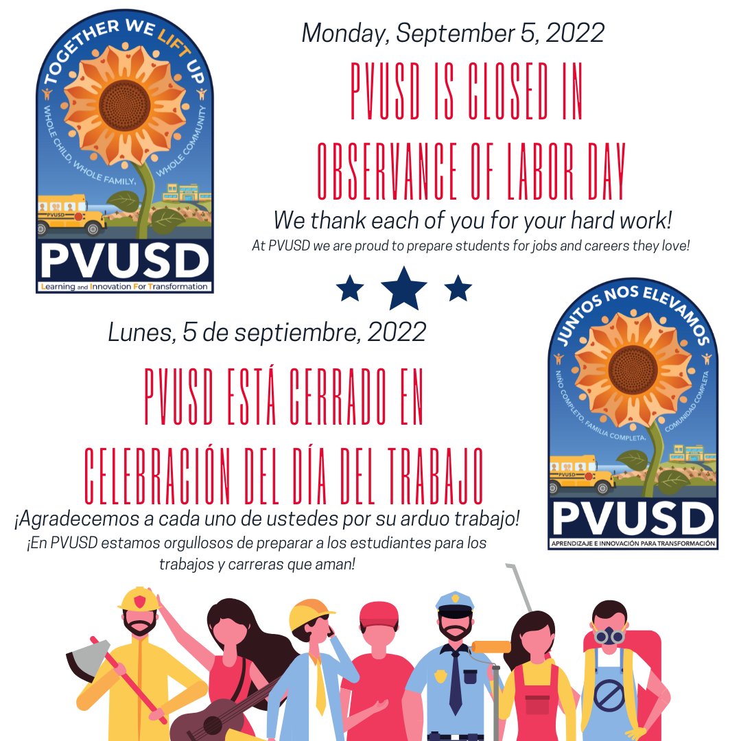 PajaroValleyUSD's tweet photo. #PVUSD wishes our students, families and staff a safe and memorable Labor Day celebration.  
#PVUSD les desea a estudiantes, familias y personal una celebración segura y memorable del Día del Trabajo.
@mlrod32 @PVFT @pvusd_merit @Pvusdwellness @pvusdschoolfood @PVUSD_Child_Dev https://t.co/UqFkeNoJB4