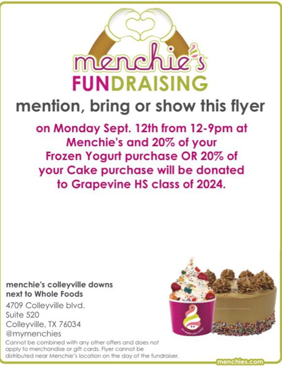 Save the date for frozen yogurt!! Next Monday Sept. 12, go to Menchie’s in Colleyville and show them this flyer when you order. GHS Class of ‘24 will get 20% of the $$! #rahrahrahmustangsfight <a href="/AlexFingers7/">Alex Fingers</a> @DeptSupt_GCISD <a href="/PaulM_Cook/">Paul Cook Ed.D.</a> <a href="/DavidDenning2/">David Denning</a> <a href="/robinryan_gcisd/">Robin Ryan</a>