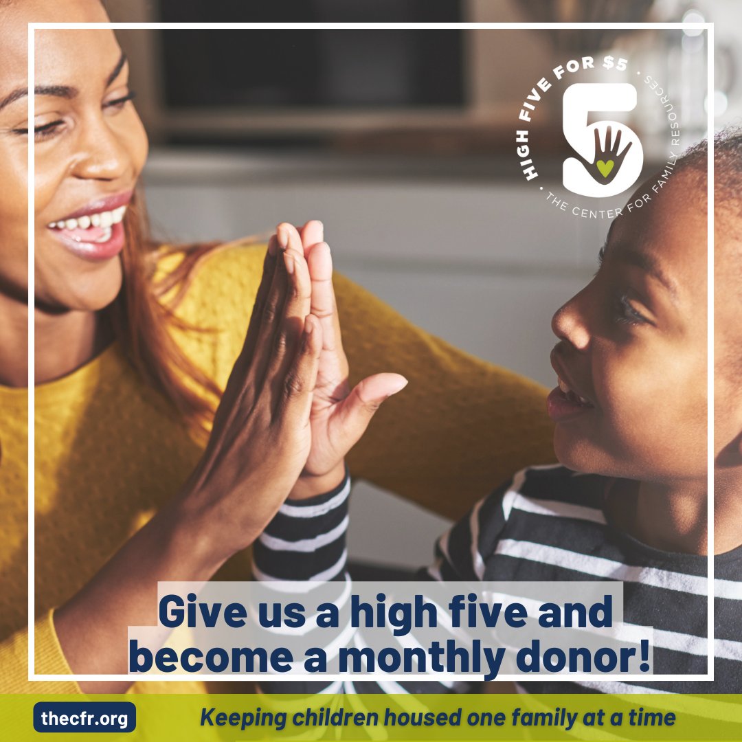 CFRPR's tweet photo. A monthly, recurring contribution to the CFR helps the organization better meet #Cobb families where they are and provide critical services that can #preventhomelessness. Help us help our community and donate to the #HighFivefor5 Campaign today: https://t.co/U7UncRYV3n https://t.co/fs2fN1Mdkd