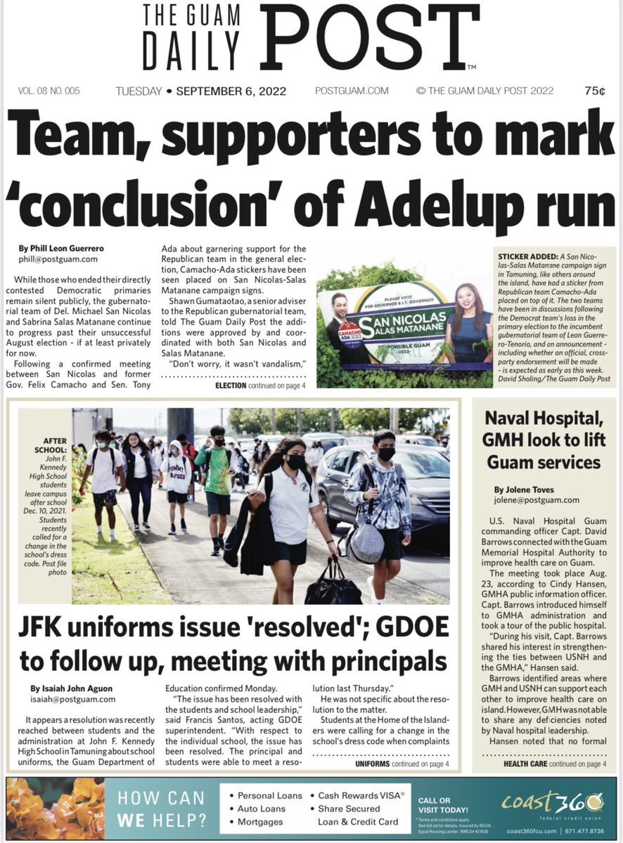 PostGuam's tweet photo. Hafa Adai and good morning!

Here’s todays front page of The Guam Daily Post!

For these stories and so much more, visit https://t.co/Cas96YAbQz 

#StayPOSTed #postguam https://t.co/0Cxy45FVGp