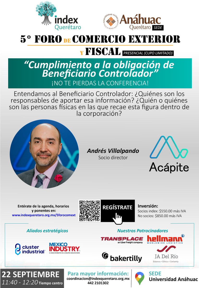 ¡Acompáñanos a la conferencia!
🌎5° Foro de Comercio Exterior y Fiscal 2022 “Cumplimiento a la obligación de Beneficiario Controlador”
📲Aún puedes registrarte
docs.google.com/forms/d/e/1FAI… 
Consulta nuestro programa completo aquí 📌indexqueretaro.org.mx/5forocomext