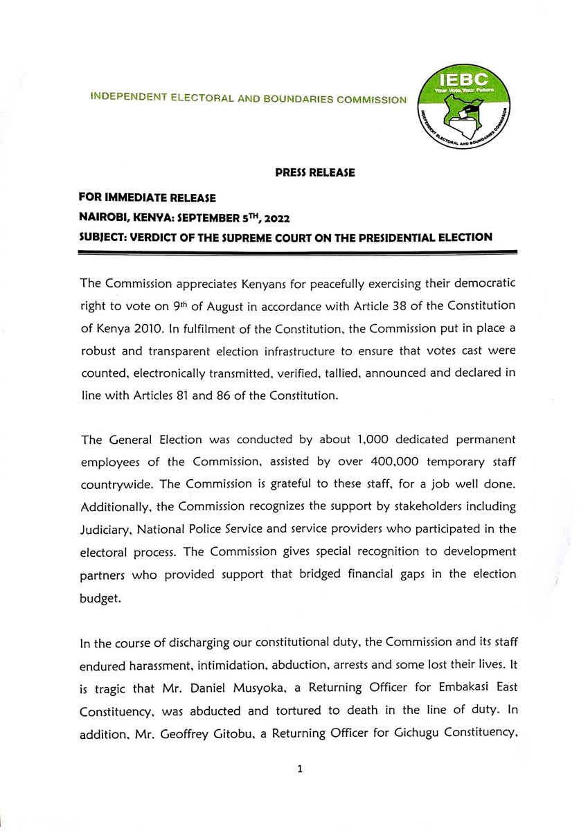 IEBCKenya's tweet photo. Press statement; Verdict of the Supreme Court on the Presidential Election https://t.co/gqhgRz0jeW