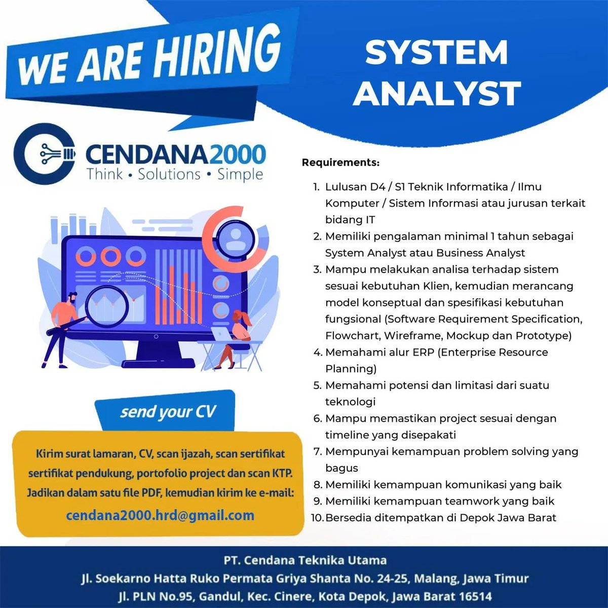 lokerit_01's tweet photo. Dibutuhkan segera posisi System Analyst
Silahkan kirimkan lamaran kalian pada email yg tertera
Share dan bagikan ke teman-teman kalian
#lokerit #lokerprogrammer #lokerdeveloper #lokerdepok #lokermalang #lowongankerja #infoloker #infolowongankerja #systemanalyst https://t.co/QYPM9TXjti