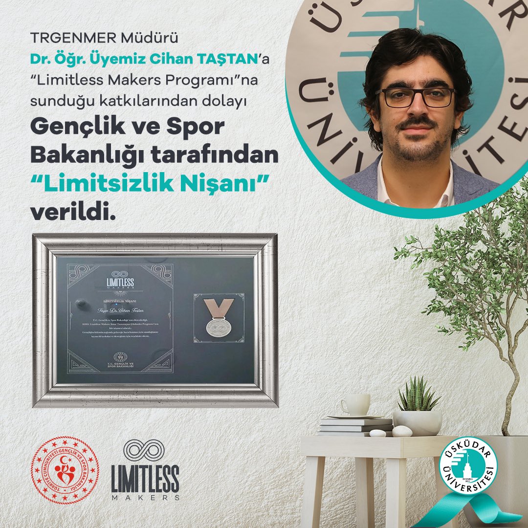 uskudaruni's tweet photo. TRGENMER Müdürü Dr. Öğr. Üyemiz Cihan TAŞTAN'a @gencliksporbak tarafından yürütülen “Limitless Makers Programı"na (Sınır Tanımayan Çözümler) katkılarından dolayı “Limitsizlik Nişanı” takdim edildi!
@cihantastan_phd @trgenmer #ÜsküdarÜniversitesi #LimitlessMakers https://t.co/Amv7xt4WvC