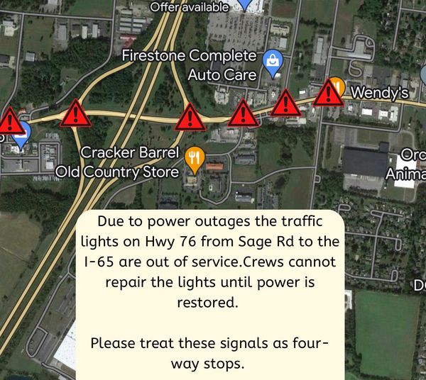 WhiteHouseTN's tweet photo. 🚨 TRAFFIC NOTICE 🚨

Due to power outages in the area, the traffic lights on Hwy 76 from Sage Rd to I-65 and Love’s Lane are not operational. Crews cannot repair these intersections until power is restored. 

Please treat these signals as four-way stops. https://t.co/RIw8rcoi7w