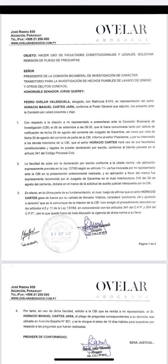 PedroOvelarpy's tweet photo. Dando cumplimiento a la resolución judicial, esta mañana en representación de @Horacio_Cartes hemos comunicado a la CBI que el Ex-Presidente responderá por escrito, en su domicilio particular, las preguntas de la CBI. https://t.co/L6JsjUkLbK