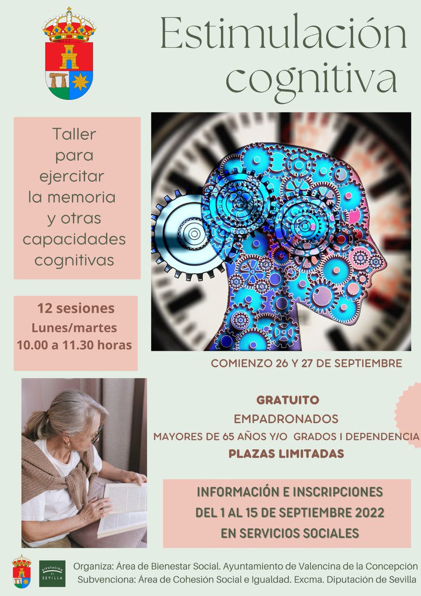 📣 TALLER GRATUITO DE ESTIMULACIÓN COGNITIVA PARA MAYORES DE 65 O PERSONAS CON DEPENDENCIA GRADO I
✅ Objetivo: Ejercitar la memoria y las capacidades cognitivas
📆 Inicio: 26 y 27 de sep 
Lunes/Martes: 10.00 a 11.30 h
✍ Inscrip: 1 al 15 sep (Servicios Sociales del Ayuntamiento)