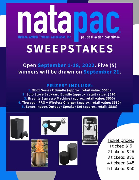 SEATA9's tweet photo. #NATAPAC Sweepstakes are OPEN! Click the link to purchase tickets to enter and support the NATA Political Action Committee! Great prizes, supports a greATer purpose! @NATA1950
@ALATA_Inc @GATAinfo @TNATA @KYATSociety @LATAincD9 @My_MATA @ATAF83
๐ป๐ฑhttps://t.co/VbrknjHAr1 https://t.co/HWrrD9HCmw