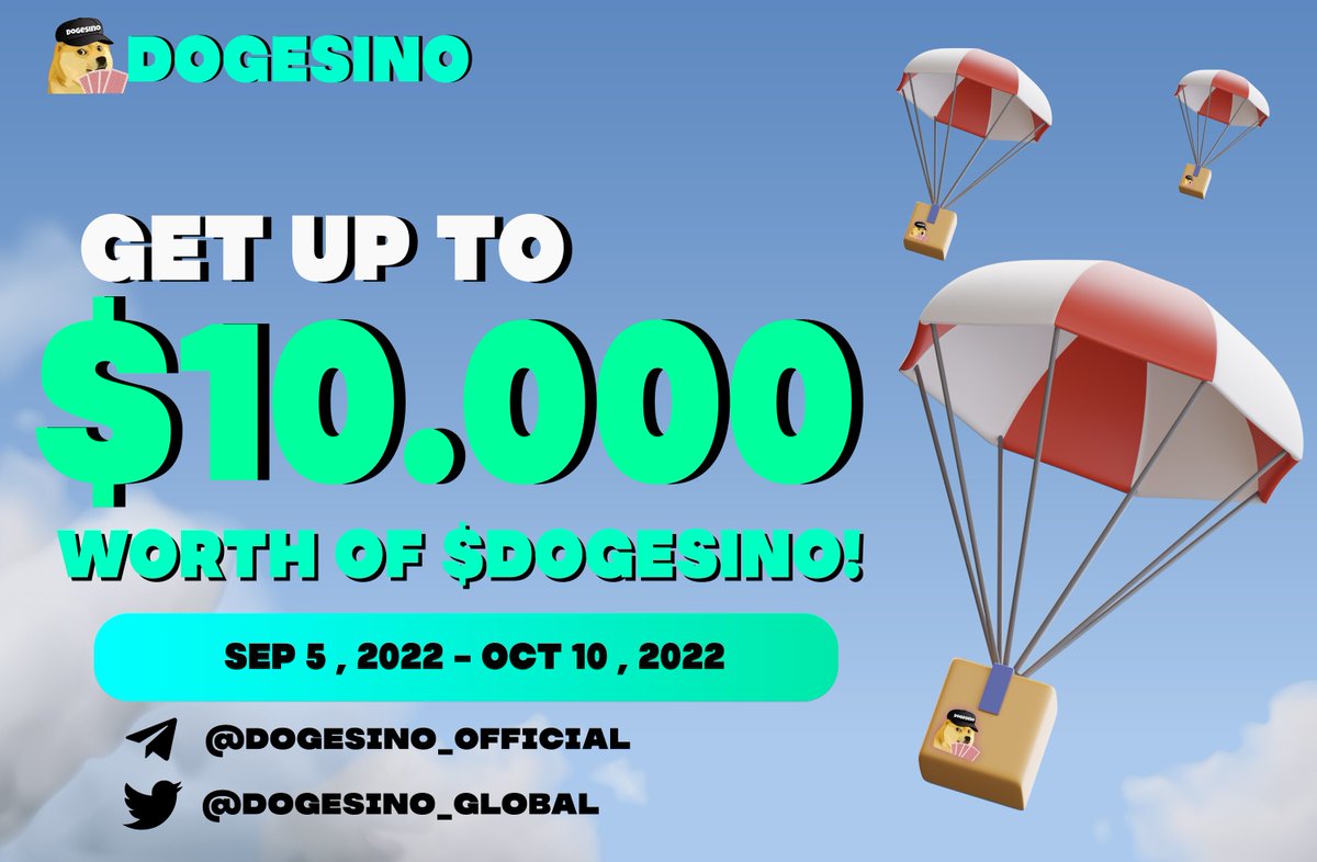 🚀 Airdrop: $DogeSino
The DogeCasino that rewards you $DOGE when you hold DOGESINO
💰 Total Value: 💸10.000USDT Worth $DOGESINO
 ✅SAFU - ✅AUDIT - ✅KYC
📅 End Date: 10th Oct, 2022
Airdrop Link: gleam.io/tnqYp/dogesino…
#DOGESINO #dogecoin #DOGEARMY  #Crypto #Airdrop #BSC