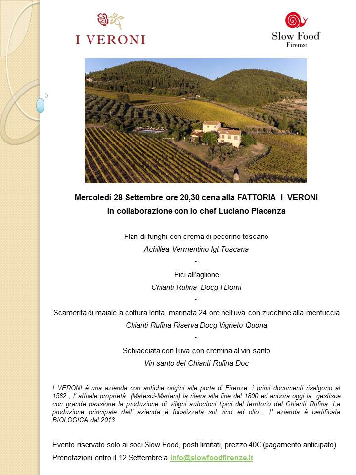 SlowFoodToscana's tweet photo. Mercoledì 28 settembre ore 20.30 cena c/o Fattoria I Veroni in collaborazione con lo chef Luciano Piacenza
Sotto il menu: 👇👇
Per iscriversi: info@slowfoodfirenze.it https://t.co/12IHqfIAIJ