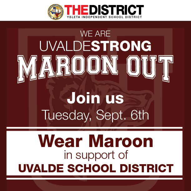 Let's show our support for Uvalde CISD on their first day of school.  Wear maroon on Tuesday, Sept. 6.  Together we stand!  

#UVALDESTRONG
#THEDISTRICT