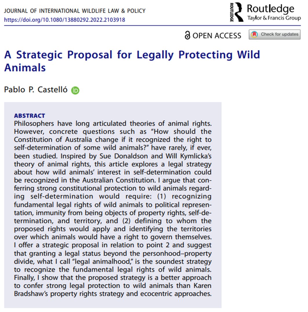 PabloPCastello's tweet photo. Article published in @JIntWildlifeLaw on recognising wild animals' right to #selfdetermination.  So indebted to the Cambridge Centre for Animal Rights Law (@CCARL_charity), the @Cambridge_Uni, and the @BrooksARLP for supporting this project! 
See here: https://t.co/ekzbn682PI https://t.co/SFMgbO7xKO