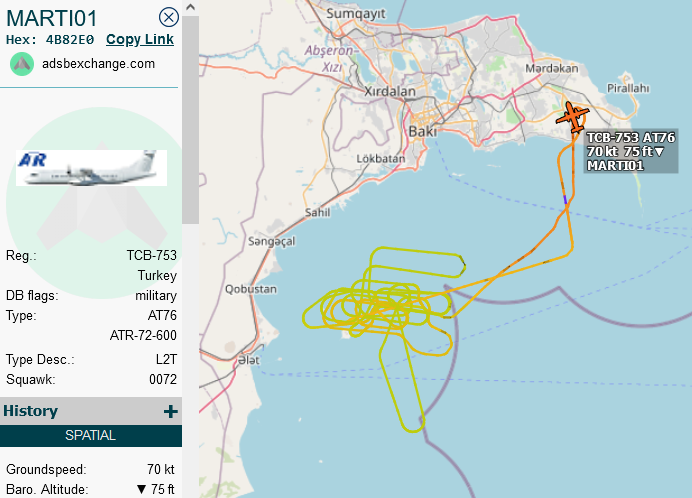SirListenalot's tweet photo. 1350z Turkish #AT76 #4B82E0 as #MARTI01 returns after a round trip out of Baku Kala Air Base, Azerbaijan. Joint exercise "TurAz Eagle - 2022" started today https://t.co/WjelCAjlUL