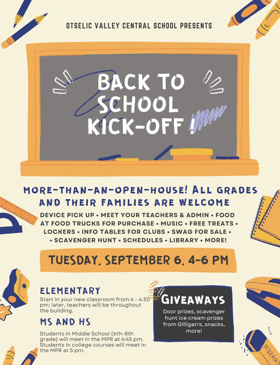 Hello OV! We're excited for the new school year to start & can’t wait to see you. You can drop off your child’s supplies, pick up devices, meet teachers, & more on Tues, 9/6 from 4-6pm at our Back to School event. Food to buy, free snow cones/popcorn, dancing, more!