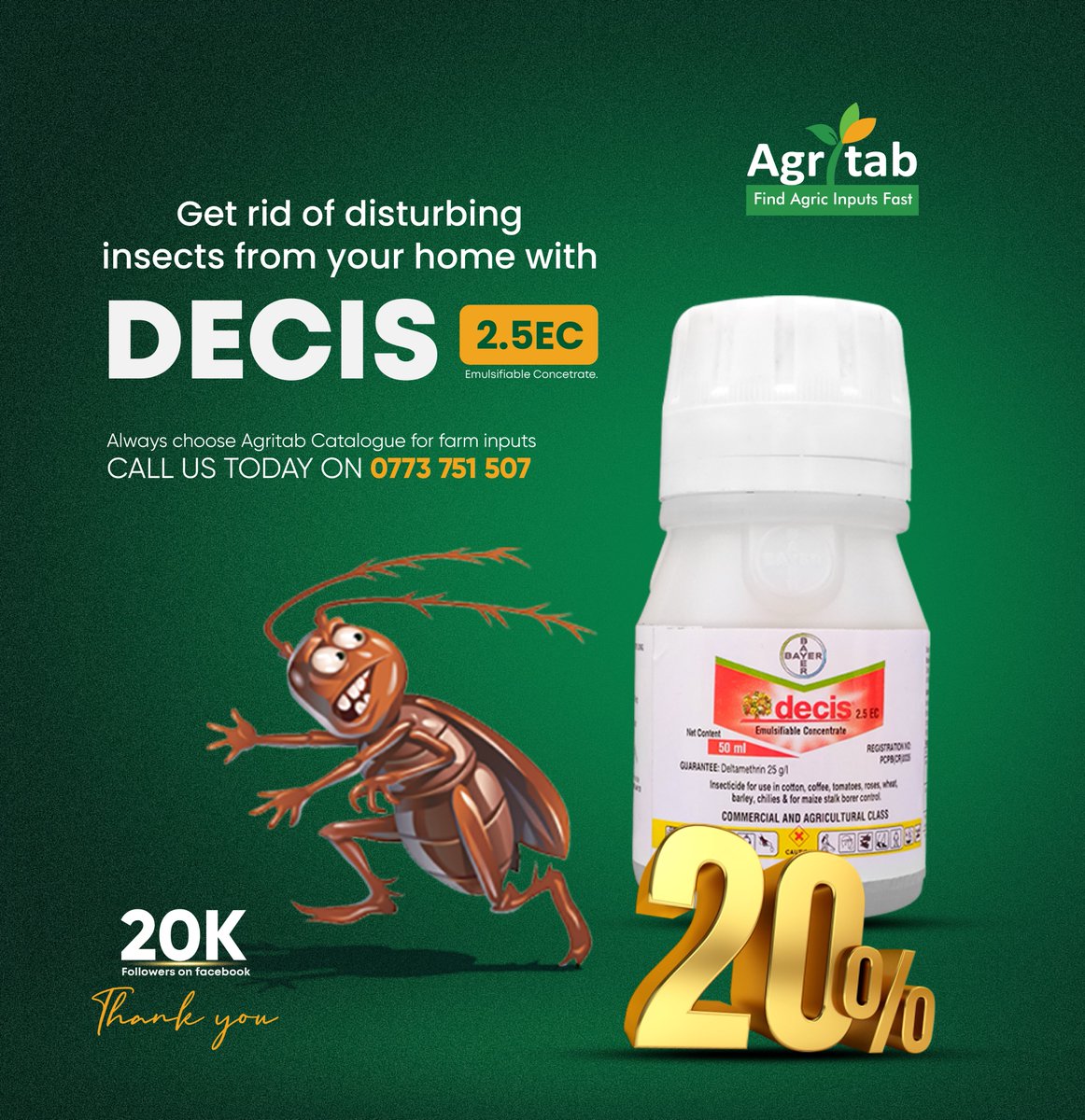 agritabcart's tweet photo. Flies shouldn't be a problem in your home at any time. Decis 2.5EC is an organic solution to common pests in homes and is now available at a 20% discount. Find us at Nakivubo road, Juba Plaza Ground floor, Room B025 or contact us on 0773 751 507 for orders.
#Agritabcart #Decis https://t.co/GNmMYAhP6m
