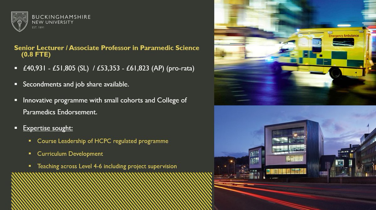@BNUParamedic have a vacancy for a 0.8FTE Senior Lecturer/Associate Professor in Paramedic Science.

If this sounds like your next opportunity - please get in touch with me to discuss the role #teaching #paramedic #education

Full details: bit.ly/3Rj0LTk