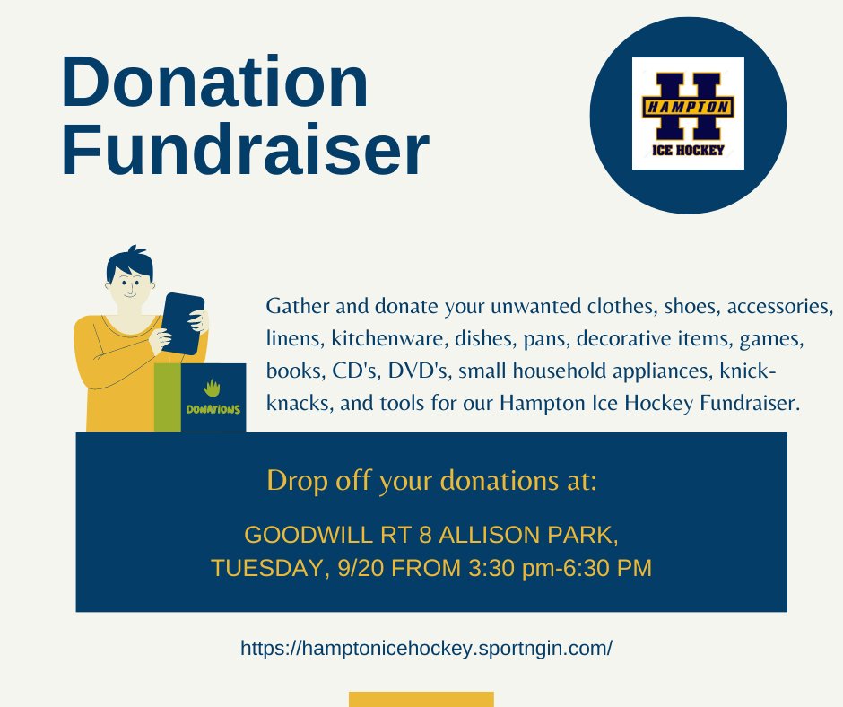 hampton_ice's tweet photo. Fill your car with items you no longer want or need and join us at the Goodwill on 9/20 from 3:30pm-6:30pm. Our team will meet you in the drive-thru and unload all of your items. 
*Donated items must be clean &amp; in good shape.
 This is a Hampton Ice Hockey Club Fundraiser https://t.co/PkRouadPQP