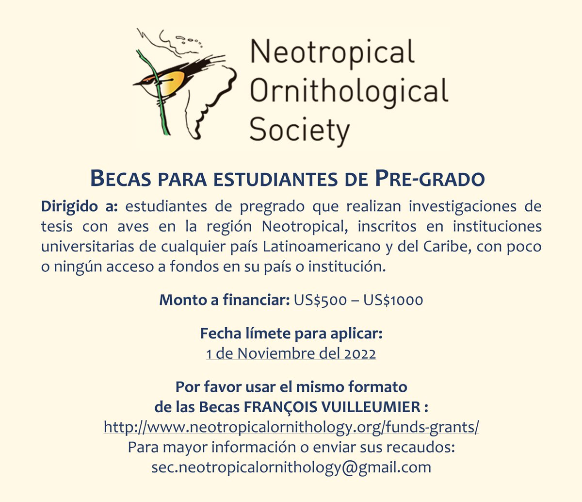 ¡Becas para estudiantes de Pre-Grado! Además de nuestras ya populares becas lanzamos estas becas para fomentar la formación de jóvenes ornitólogos/as. !Ayuden a difundir!
#ornithology #Science #birds