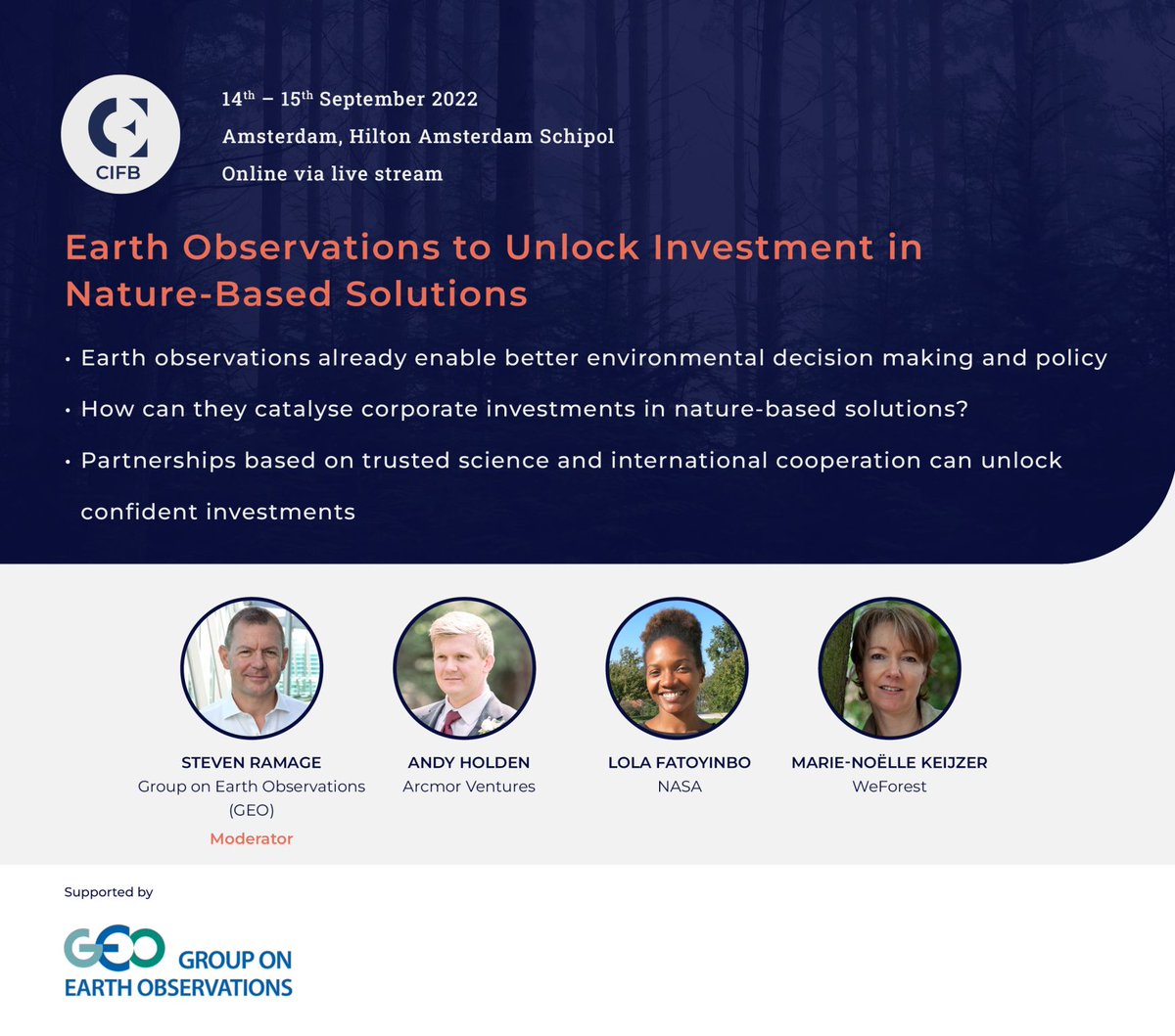 GEOSecretariat's tweet photo. Earth observations can help unlock confident investments in #naturebasedsolutions. Join @Steven_Ramage @EarthToLola Marie-Noëlle Keijzer and Andy Holden at #CIFB on 14 September to find out how. #EO4Impact
More info: https://t.co/yQLKqiKFOB https://t.co/8hoPkPu2MX