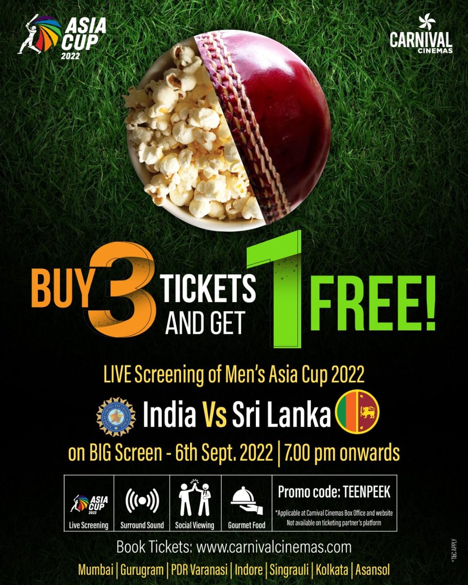 Be a part, Watch India entering Asia Cup 2022 Finale!

India 🇮🇳VS🇱🇰 Sri Lanka
Live at Carnival Cinemas!

6th September, Tuesday, 7.00 PM Onwards!

Book Now:  carnivalcinemas.com 

#asiacup2022 #indvssrilanka #sports #cricketfever #backtothegame #carnivalcinemas #comecelebrate