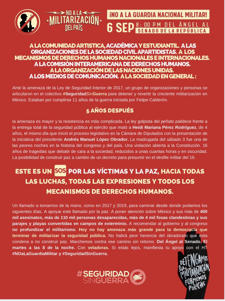 ¡Nos vemos este martes en el <a href="/senadomexicano/">Senado de México</a> para exigir un alto a la militarización de México! 

Desde <a href="/S_SinGuerra/">Seguridad Sin Guerra</a> hemos alzado la voz desde años atrás exigiendo #SeguridadSinGuerra y ahora no será la excepción.  

⏰ 8 pm 📍 Ángel de la Independencia hacia el <a href="/senadomexicano/">Senado de México</a>.