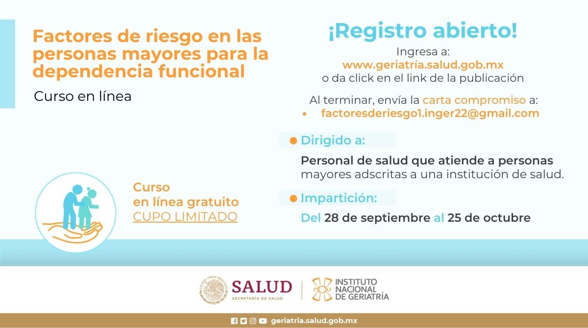 INGER_mx's tweet photo. ✅ Participa en nuestro curso "Factores de riesgo en las personas mayores para la dependencia funcional" ✅

1. Haz tu registro en: https://t.co/6m8XXPiqB4

2. Link para descargar carta compromiso:
➡ https://t.co/RDcLpuP1vJ

Impartición del 28 de Septiembre al 25 de Octubre https://t.co/o7PYMIDI2L