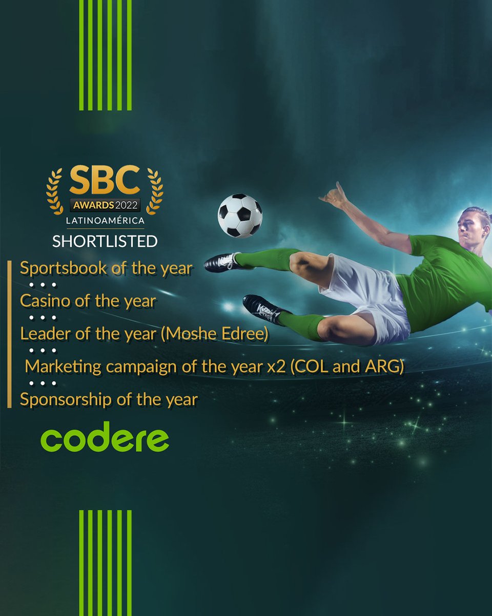 ¡Estamos nuevamente nominados! 🤩 en los #SBCAwards2022 

#Codere 👇🏻

-'Sportsbook' del año
-Casino del año
-Moshe Edree, líder del año
-Campaña de Marketing del año
-Patrocinio del año