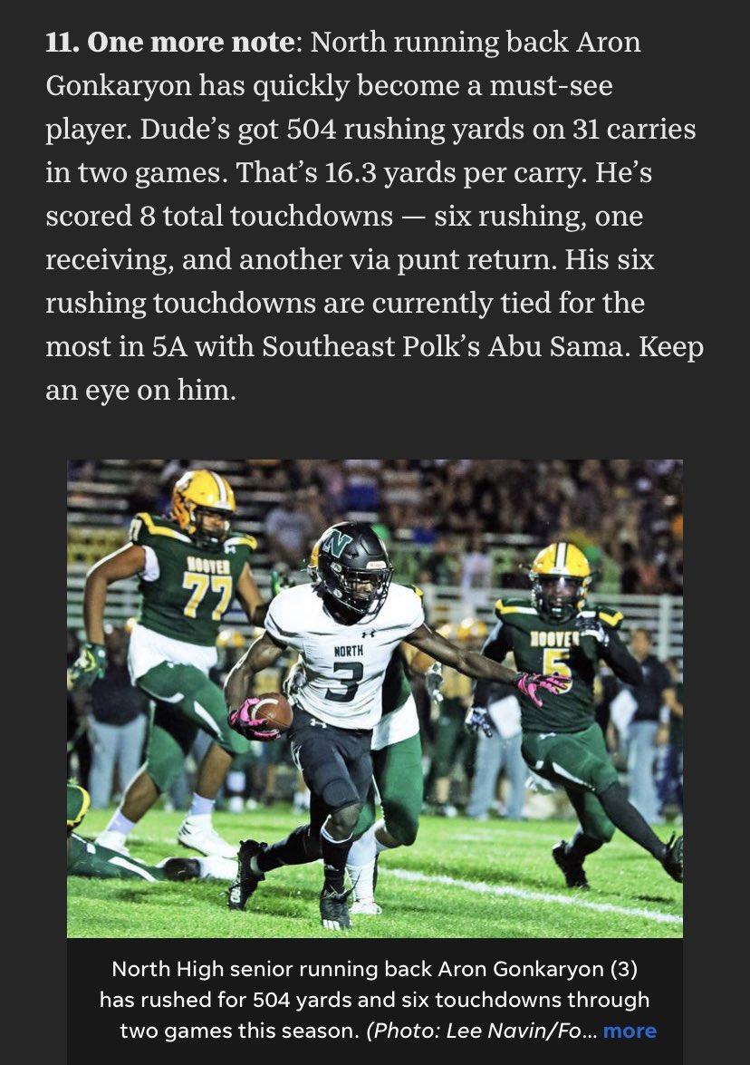 DM_North's tweet image. Read some analysis on @polarbearsfb and @aron_gonk from @DMRegister reporter Cody Goodwin. 

North plays at Sioux City North this Friday, Sept 9.