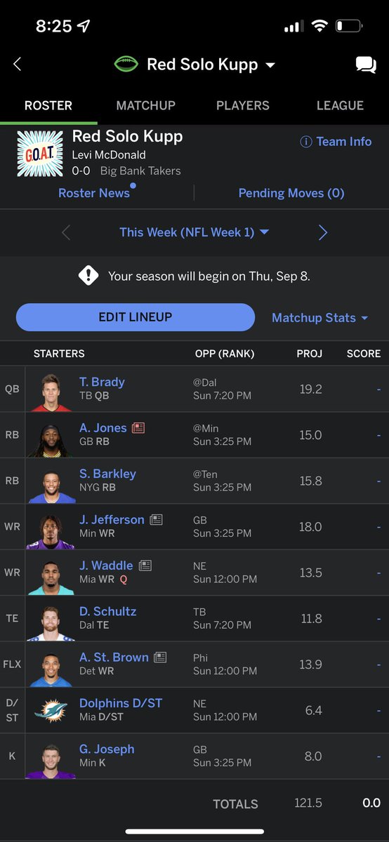 Levigmac76's tweet photo. @WyattzWorId Depending on what round you got pierce and Elliot this is solid lineup. I took Jefferson at the 5 for my final draft last night. https://t.co/8132iMAtnR