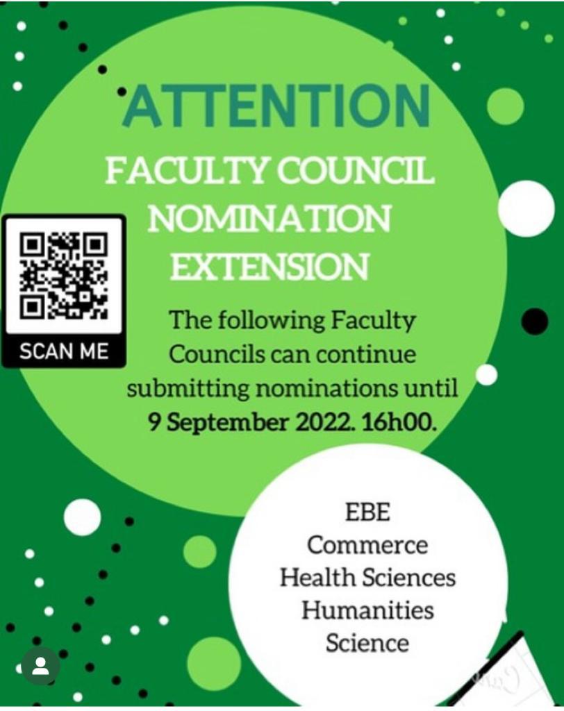 UCTCSC's tweet image. The date to submit faculty council candidate nominations has been extended. For those who have been considering running to serve on Faculty Council, this is an opportunity to submit your candidacy. Nominations close 9 September 2022 16:00