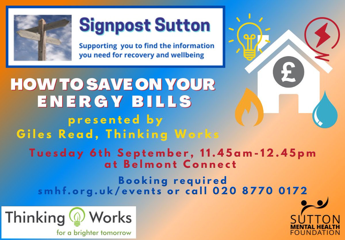 SuttonMHF's tweet photo. Join us tomorrow for this months #SignpostSutton session "How to save on your Energy bills"๐๐ก๐ท๐ก๐๐ท๐ก๐
๐ Tues 6th Sep
๐ 11:45am- 12:45pm
๐#BelmontConnect
*Booking Required*
https://t.co/F8bXPGfCty
020 8770 0172 https://t.co/dpA6GdOmPt