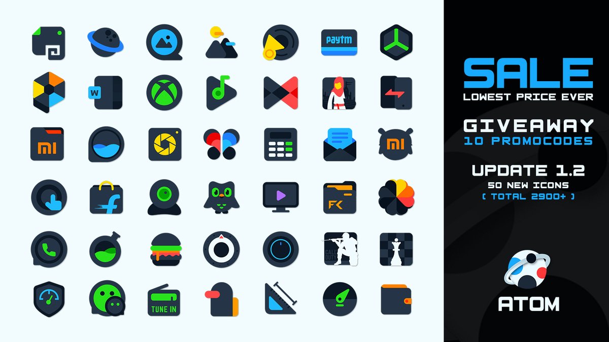 Atome Iconpack Update 1.2 and is On Sale now at the lowest price ever. 

Get it in a playstore :  bit.ly/AtomIcon
More :bit.ly/moreIcon

• 50+ New Icons
• New &amp; Updated Activities

🎁 10 Promo codes  retweet &amp; Comment.
Result in 2 day