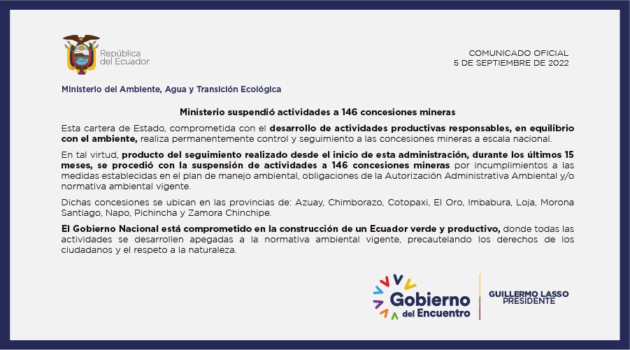 EcuadorMAE's tweet photo. COMUNICADO | Desde el inicio de esta administración, durante los últimos 15 meses, @Ambiente_Ec suspendió actividades a 146 concesiones mineras. https://t.co/pVeZtlisey