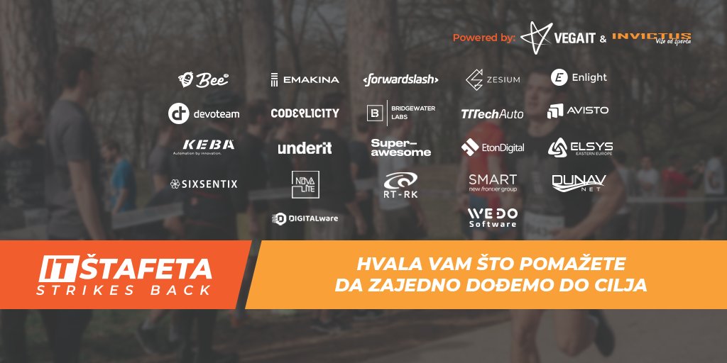 vegaitsourcing's tweet photo. Hvala puno kompanijama koje su se pridružile trci i time pomogle da sakupimo novac za kupovinu računara.
Vidimo se na stazi u sredu od 18č! 🙌🏼
#ITŠtafeta #StrikesBack #trčimo #zajednodocilja #LifeAtVegaIT https://t.co/ZmrJfy0jHB