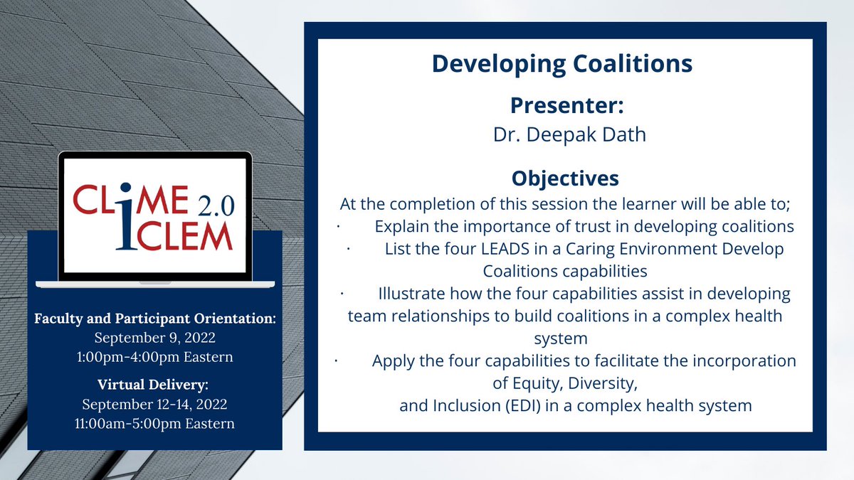 cameacem's tweet photo. Our CLIME 2.0 virtual delivery is taking place on September 12-14,2022. Take some time to learn more about the topics that will be presented by our fantastic faculty! Register today! https://t.co/bvNrdsO23Y #MedEd #EdMed #CLIME2 #leadership #leadershipdevelopment https://t.co/LUf9YKygt7