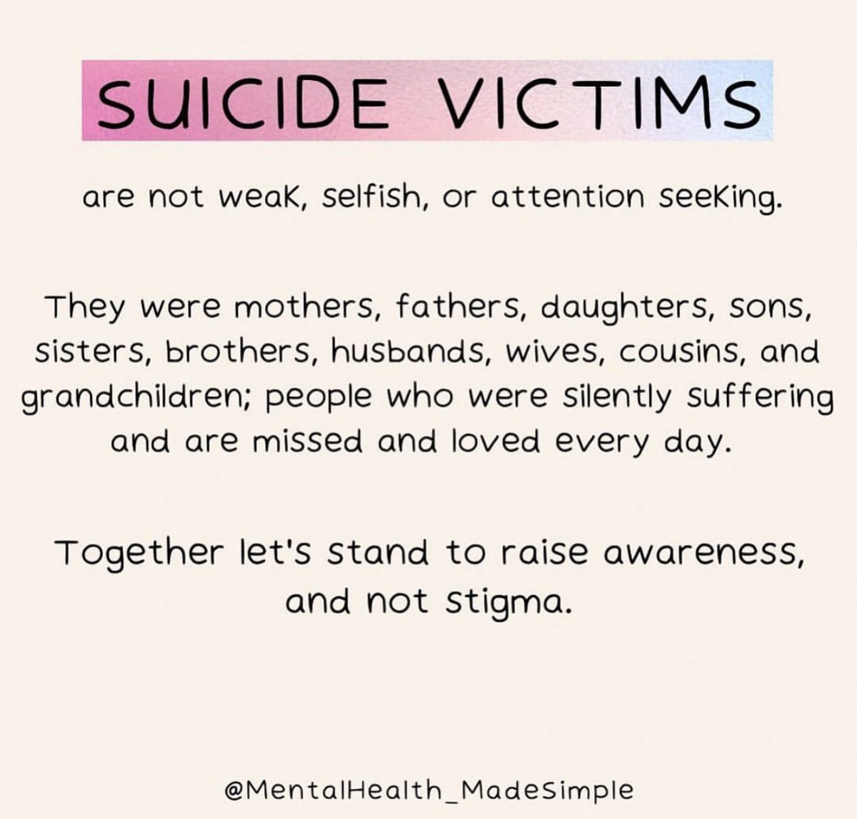 Suicide prevention begins with ALL of us. Check in on your loved ones. A simple message can go a long way. 

You are not alone. 
#SupportMatters #SuicidePrevention #YouMatter #MentalHealthMatters