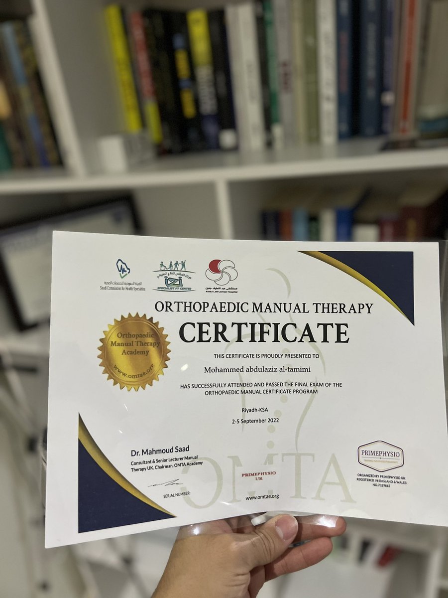 pt_m_tamimi's tweet photo. الحمدلله على التمام 🙏🏻
سعدت اليوم بالحصول على شهادة
Orthopedic manual therapy certificate
من #primephysio
شكرًا @msaad_OMT
شكرًا @IziSpecialist
شكرًا @PRIMEPHYSIOUK
#العلاج_الطبيعي #العلاج_اليدوي #OMT #OMTP #physiotherapy https://t.co/HXQ9EkmIpE