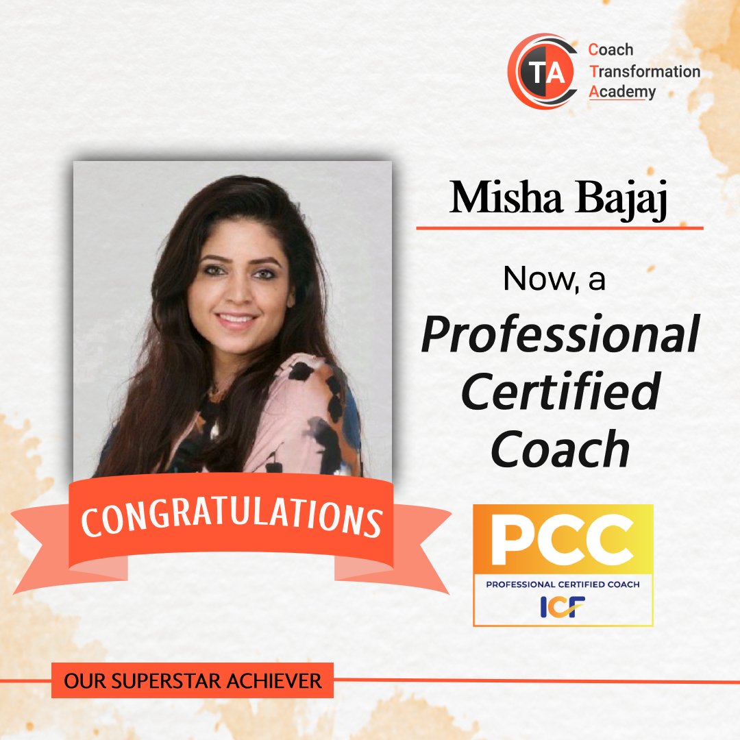 CTA_Coaching's tweet photo. Bravo! 👏 Join us in congratulating our alumna, Misha Bajaj, on advancing her career as a #professionalcoach! 🎓 We wish success follows you in your every venture. 🎉

- With 🧡 and pride, Coach Transformation Team. 

#coaching #coachtransformation #icfcoach #success https://t.co/Sj9G5T8RAk