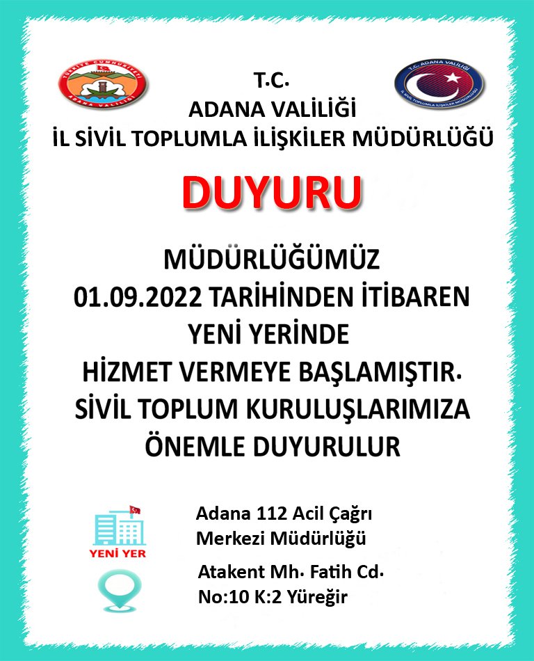 adanaistim's tweet photo. Adana İl Sivil Toplumla İlişkiler Müdürlüğü olarak yeni yerimizde Adana 112 Acil Çağrı Merkezi Müdürlüğü binasında hizmet vermekteyiz.Sivil Toplum Kuruluşlarımıza önemle duyurulur. https://t.co/acLnBMjpYC