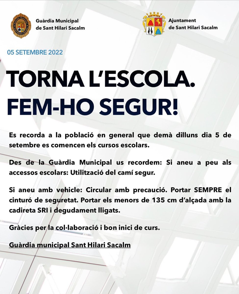 GMSacalm's tweet photo. INICI CURS ESCOLAR. FEM-HO SEGUR! 

Des de la Guàrdia Municipal es demana la utilització del camí segur per anar i tornar als centres escolars. Els que utilitzeu el vehicle recordeu circular amb precaució, utilitzar SEMPRE el cinturó de seguretat. https://t.co/yck2tqKMiR