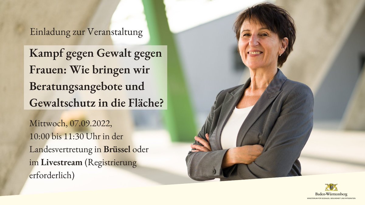 Staatssekretärin Dr. Ute Leidig stellt am #Mittwoch in #Brüssel die Arbeit der mobilen Beratungsteams für #Frauen mit #Gewalterfahrung in Baden-Württemberg vor. Die Veranstaltung wird im hybriden Format angeboten.
Zur Registrierung => t1p.de/2n5v4