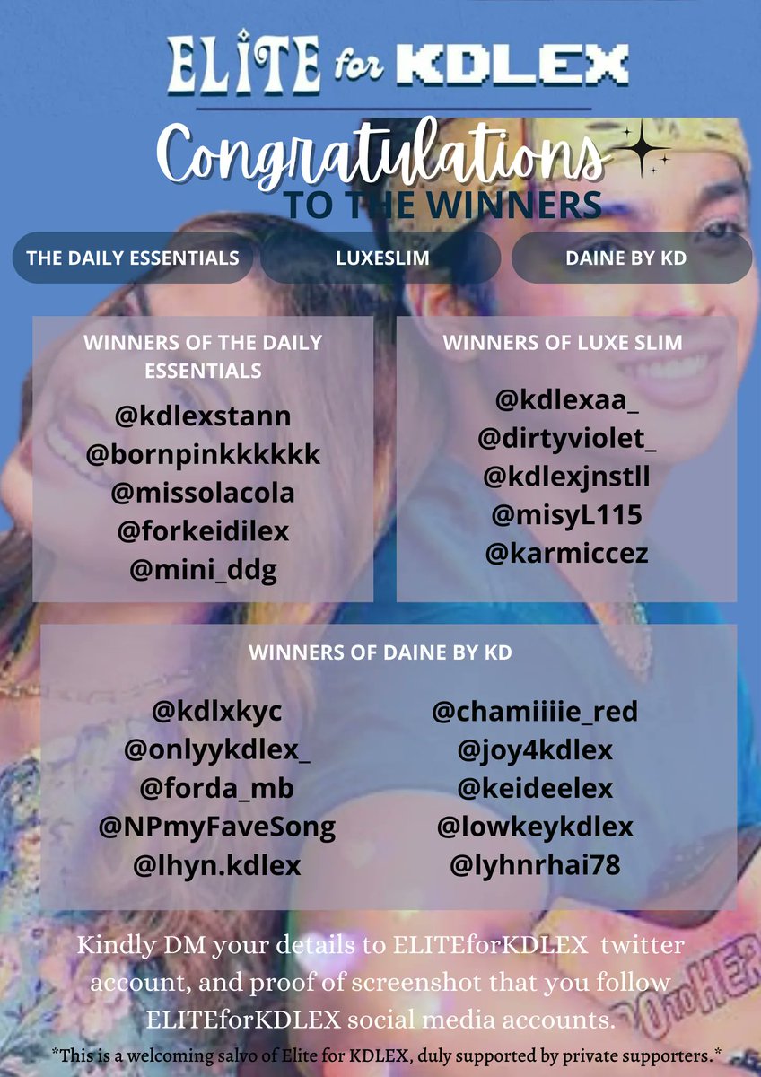 EliteForKDLEX's tweet photo. Hello, Sweethearts!

We would like to thank everyone who participated in our game.

To all the winners, please send us your details for the delivery of the item. You don't have to worry about the fee. 

Name: 
Address: 
Contact number: 

Till' the next fun, Sweethearts.

#KDLex https://t.co/5BIlcLIZ2P