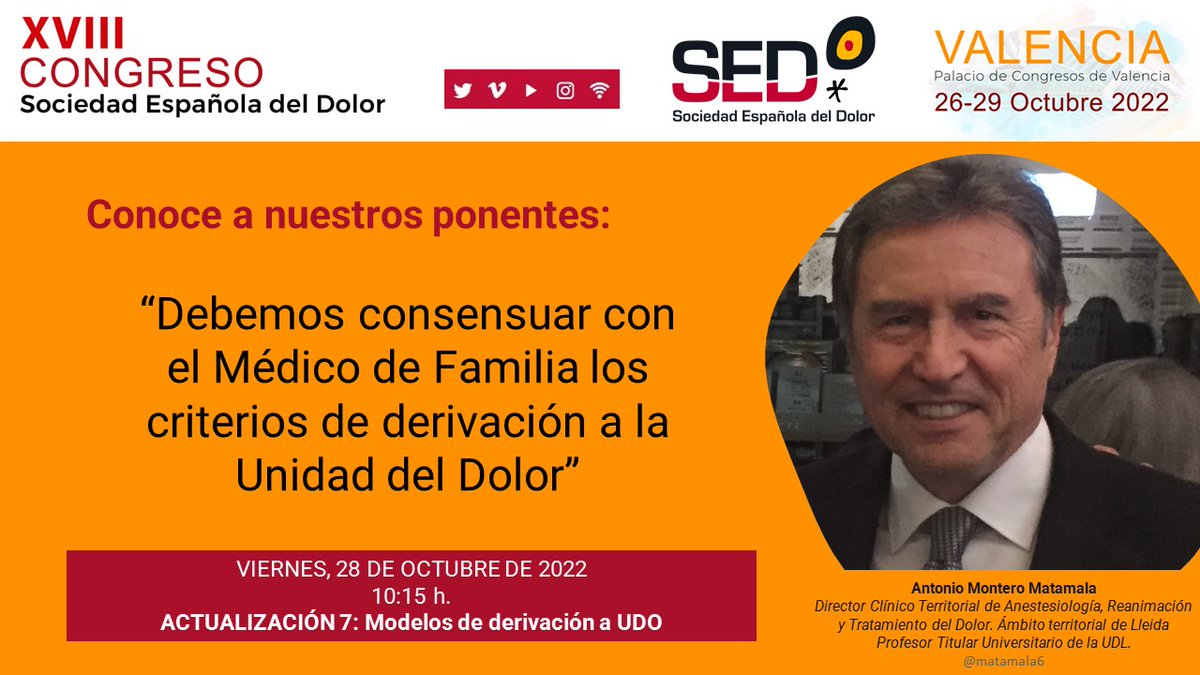 Sedolor's tweet photo. ▶️Actualización en el XVIII Congreso de la SED.
🗓️ Viernes 28 OCT 10.15 hs. Mᴏᴅᴇʟᴏs ᴅᴇ ᴅᴇʀɪᴠᴀᴄɪᴏ́ɴ ᴀ UDO.
Modelo Catalán: @matamala6 Modelo gallego: Luis Prieto Robisco Modera: Agustín Guerrí Cebollada
https://t.co/6fNKAKyNdy
#SEDValencia22 #UnidadDolor #UDOs https://t.co/y3Gn2qsBZG