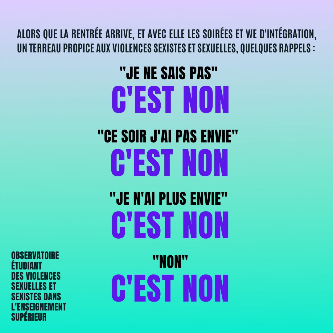 ObservatoireVSS's tweet photo. ⚠️TW : #violencessexistesetsexuelles 

➡️ C’est la rentrée, et qui dit rentrée dit soirées et week-ends d’intégration !
En cette période propice aux violences, il nous semble important de rappeler certaines notions de base, dont celle du consentement ⤵️

1/2 https://t.co/hzCaaoSBKg